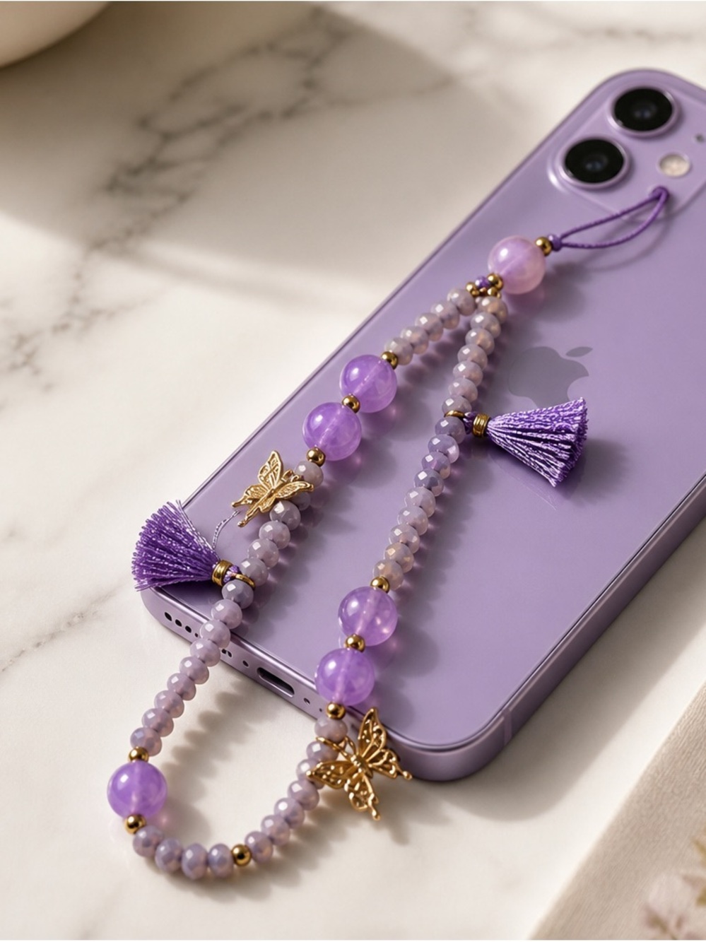 Purple Beaded Phone Charm with Gold Butterfly Accents
